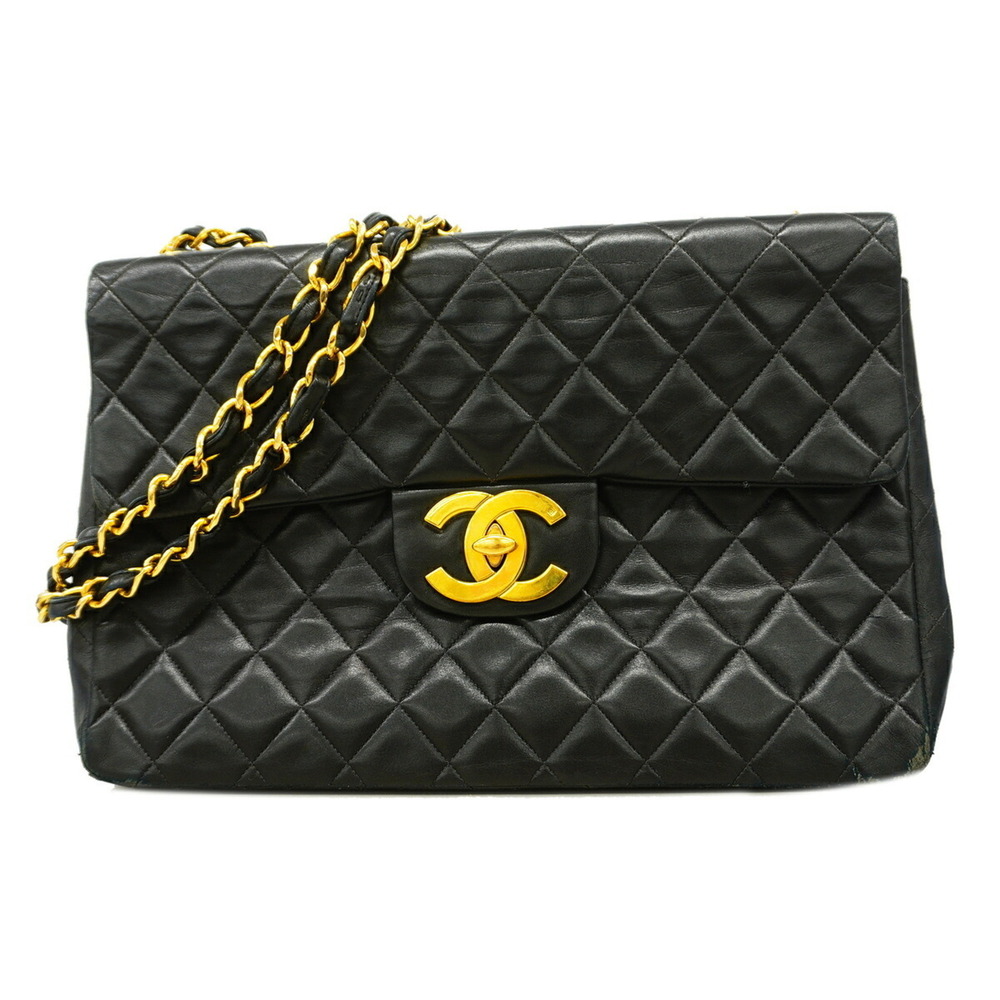 Chanel Shoulder Bag, Large Matelassé, Double Chain, Lambskin, Black, Women's